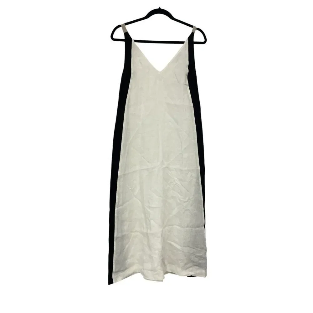Massimo Dutti Womens Midi Dress XS White Black Linen Sleeveless 6698/231 NWT - Picture 2 of 11